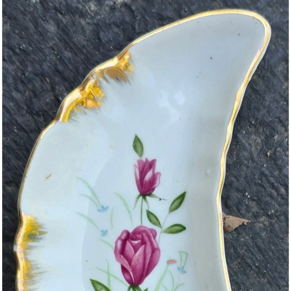 Vintage Crescent Bone Dish Pink Rose Gold Gilt Scalloped Edge Mid-Century Japan